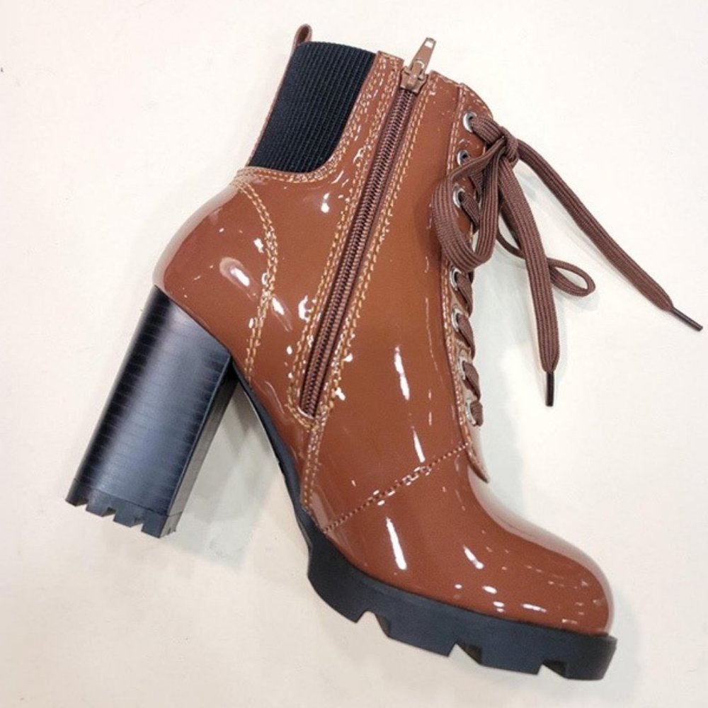 Cognac Patent Leather Zip Lace Up Platform Booties High chunky heel Size 6.5 New